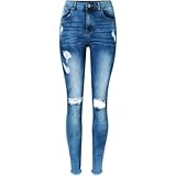 Jubaton High-Waist Slim-Fit Stretch Damen Jeans Neunte Hose Gewaschen Unregelmäßig Zerrissene Füße Quaste Bleistifthose Modisch Bequem Sexy XS