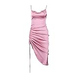 Damen Satin Jacquard Minikleider Seitlich gerüschtes, seidiges Slip-Camisole-Kleid Spaghettiträger mit Wasserfallausschnitt Leibchenkleider (M,Rosa)