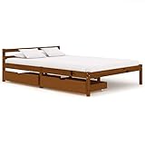 BIGTO Bettgestell mit 2 Schubladen Kiefer Massivholz Schlafzimmermöbel Braun Honig 120x200