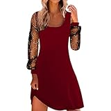 Minikleid Damen Mesh Sexy Partykleid Langarm Festlich Kleid Bodycon V-Ausschnitt Wickelkleid Ballkleider Kurz Abendkleid Glänzend Club Cocktailkleid Party Abend Kostüm (Wein-3, M)