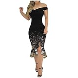 Lishirong Rüschen Meerjungfrau Kleid für Frauen Cold Shoulder Club Dress Hip Wrap Blumendruck Schlitz vorne Cocktail Abendk