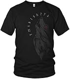 North - Fenriswolf Runen Wikinger Fenrir Valhalla Rising Walhalla Vikings Wodan - Herren T-Shirt und Männer Tshirt, Größe:4XL, Farbe:Schwarz/R