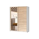 Kleiderschrank Schwebetürenschrank mit Spiegel 2-türig Schrank mit Einlegeböden und Kleiderstange Gaderobe Schiebtüren BxHxT 150x200x55 PAXO 150 Weiß+Sonoma 150x55x200