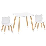 HOMCOM 3-teiliges Kindertisch-Set bogenförmige Kindersitzgruppe Tisch mit 2 Stühlen MDF Tischbeine aus Kiefernholz Weiß+Naturholz 56 x 56 x 50