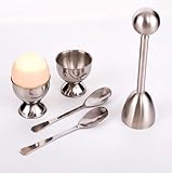 Faulkatze Eierköpfer Set, Edelstahl Eieröffner mit 1x Eierköpfer 2X Eierbecher 2X Eier-Löffel, Eier Eierteiler Eierschneider, Eierschneider-Set für Weiches Gekochtes Ei zum Frühstück