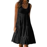 Masrin Sommerkleid für Damen Sommer einfarbiges ärmelloses Strandkleid für den Urlaub Gerüschtes Patchwork-Turmkleid Lockeres Trägerkleid A-Linien Kleid(XXXXXL,Schwarz)