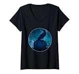 Damen Midnight Raven Krähe und blauer Kürbis Halloween Galaxie T-Shirt mit V