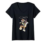 Damen Cowboy auf Westernpferd T Shirt Fun Comic Pferdemotiv T-Shirt mit V