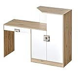 Marmex Nico N11 Großer Schreibtisch mit Kommode, Schreibtisch mit Auszug, mit Schrank, Computertisch, Jugendzimmer, Kinderzimmer (Eiche hell + weiß +Eiche hell)