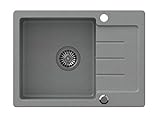 VBChome Spülbecken Grau 60 x 44 cm Granit Einzelbecken Einbauspüle gesprenkelt reversibel Verbundspüle + Siphon Waschbeck