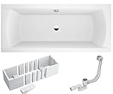 VBChome Badewanne 180x80 cm Acryl SET Wannenträger Siphon Wanne Rechteck Weiß Design Modern Styroporträger Ablaufgarnitur in Chrom Alcaplast für 2