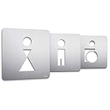 PHOS Design, PSSK-B2, WC-Schilder-Set, 12 x 12 cm, 3 Toiletten-Aufkleber: Mann, Frau und Rollstuhlfahrer. Edelstahl matt, selbstklebend, Toilettenschilder, Türschild Set, Symbole Herren Damen silb