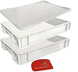 RoyalFay® Pizzaballenbox 30 x 40 x 7 cm mit Deckel Kunststoffbehälter weiß für Pizzateig mit Spachtel Teig-Gärbox für den Kühlschrank stapelbar (2 Boxen mit 1 Deckel)