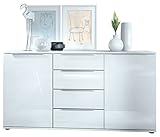 Vladon Sideboard Linio 138,5 x 72,5 x 35 cm Anrichte mit 2 Türen und 4 Schubladen, Korpus in Weiß matt, Fronten in Weiß Hochg