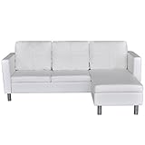 Festnight L-förmiges Sofa 3-Sitzer Ecksofa Sofa Eckcouch Couch mit Schlaffunktion mit 3 Sitzpolster und 3 Kissen Kunstleder Weiß 188 x 122 x 77