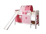 Etagenbett mit Rutsche Doppelbett Lupo Buche massiv Weiss mit Farbauswahl, Vorhangstoff:Rosa Pink 3 teilig