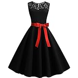 LOPILY Damen Cocktailkleid Abendkleider Plisse Vintage Retro Swing Kleider Partykleid Spitzen Spleiß Aushöhlen Spitzenkleid Festliche Kleider(Schwarz,DE-36/CN-M)