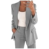 TRFPLOOC Damen Blazer Elegant Langarm Einfarbig Anzüge Umlegekragen Business Büro Mantel Slim Bolero Jacke mit Tasche (Grau, M)