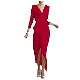 Briskorry Damen V-Ausschnitt Cocktailkleid mit Seiten Schlitz Einfarbig Mittelhohe Langärmeliges Volant Kleid mit unregelmäßigem Saum Partykleid F