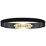 Coucoland Damen Metall dekorativen Gürtel dünnen Gürtel elastischen Taille Strap Stretchy Gürtel für Kleider (Blatt Muster-Schwarz)