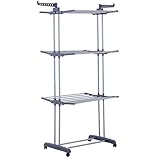 GOLDFAN Wäscheständer Turm Klappbar Trockenständer Wäscheständer mit 4 Rollen Faltbar 3 Ablagen Kleiderständer mit 2 Flügel, G