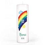 Striefchen® Regenbogen Taufkerze mit Aufdruck des Namen und Datum sowie Taufsp