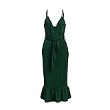 WUOOYOQ Sexy Damen-Kleid, einfarbig, tiefer V-Ausschnitt, Rüschensaum, schmale Taillenbänder, Sommerkleid für Strand, Urlaub, Partys Gr. XX-Large, grü