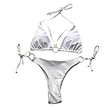 Damen Bikini Badeanzug Set zum Schnüren Sexy zweiteilige Neckholder String Bademode Badeanzug mit Seitlichem Gepolstertem Dreieck und Hohem Bein zum Binden (M,Weiß)
