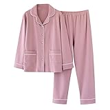 Komiseup Pyjama Damen Baumwolle Double Pocket Solid Long Sleeves Nachtwäsche Tops und Hosen Turndown Anzug