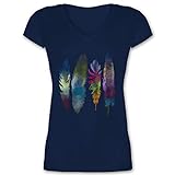 Kunst Outfit Anker, Blumen & Co. - Federn Wasserfarbe Watercolor Feathers - S - Dunkelblau - t-Shirt+Damen mit sprüche - XO1525 - Damen T-Shirt mit V