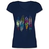 Kunst Outfit Anker, Blumen & Co. - Federn Wasserfarbe Watercolor Feathers - S - Dunkelblau - t-Shirt+Damen mit sprüche - XO1525 - Damen T-Shirt mit V