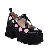 TYPING Vintage Lacklederschuhe Frau Plateau Mary Jane High Heels 8.5CM Bequem Und Weich Love Heart Dekoration Lolita Saint Cosplay,EU38 Black