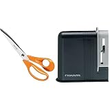 Fiskars Profi-Stoffschere, 25 cm, Für Rechtshänder, Rostfreie Stahl-Klinge/Kunststoff-Griffe, Orange & Scherenschärfer, Für Rechtshänderscheren, Keramik-Schleifköpfe/Kunststoff-Gehäuse, Schwarz/G
