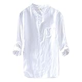 Yowablo Hemd Männer lässig Langarm Top Button Baumwolle Leinen einfarbig lose Bluse (4XL,Weiß)