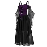 ROYIYI Damen Übergroßes Mesh Mittelalter Kleid Gothic Maxikleid Schnürkleid mit Schmetterlingsärmeln Renaissance Cosplay Dress Party Festlich A-Linie Halloween Kostüm (Mehrfarbig, XXXXXL)