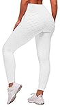 Memoryee Damen Honeycomb Leggings Geraffte Hintern Heben hohe Taille Yogahosen schick mit Sport Bauchkontrolle Kontrolle Gym/Weiß/M