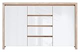 Board Sideboard Schrank Freistehender Schrank Buffet Aufbewahrungseinheit Display Regal Kaspian mit 2 Türen und 4 Schubladen, Sonoma Eiche, weiß glänzend (Fronten) Dekor, 143,5 x 92 x 40,5