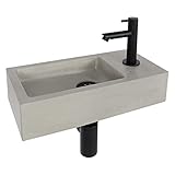 Differnz Jukon Waschbecken klein – Handwaschbecken Beton Grau – Armaturen Matt Schwarz - Wasserhahn rechts – Waschtisch - 38 x 18.5 x 9