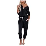 AFFGEQA Zweiteiliger Damen Sweatshirt Freizeitanzug Knopf Jogginganzug Sportanzug Traingsanzug Freizeitanzug Fitness Pullover Jogginghose Set 2 Stück O