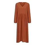 AFFGEQA Damen Herbst Lässiges V-Ausschnitt Neun Punkt Ärmel Kleid aus Baumwolle und Leinen T-Shirt Casual Langarm Einfarbig Top Blusekleid Langarmk