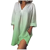 Zilosconcy Sommerkleid A Linie Knielang Sexy V-Ausschnitt Minikleid Gradient Baumwolle und Leinen T-Shirt Kleid Kurzarm Strandkleid Farbverlauf Strandmode Kleider Oversize Wickelkleider N