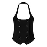 dPois Damen Anzugweste Elegant Neckholder Kellnerweste Business Casual Smoking Anzug Weste Top Button-Down Kariert Einfarbig Top Schwarz_Zweireihig XL
