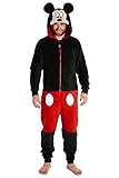 Disney Mickey Mouse Jumpsuit Herren, Einteiler Onesie für Männer und Jungs, Fleece Overall Kostüm mit 3D Kapuze, One Piece Hausanzug Geschenke für Erwachsene (L)