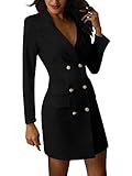Minetom Damen Blazer Kleid Frauen Elegant Langarm V-Ausschnitt Zweireihig Solide Hemdkleid Business Lange Hülse Büro Jacken Knopf Anzug Schwarz DE 44