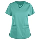 Krankenhaus Schlupfhemd Bluse Kurzarm Criss Cross V-Ausschnitt Pflegebekleidung Kasack Damen Pflege mit Taschen Arzt Uniform Berufsbekleidung Krankenschwester Kleidung Medizinische Arb