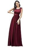 Ever-Pretty Damen Rundhalsausschnitt Kurze Ärmel Elegant A-Linie Empire Spitze Chiffon Bodenlang Abendkleider Burgund 38