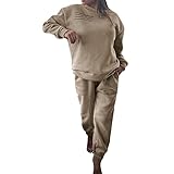 laamei Damen Jogginganzug Trainingsanzug Langarm Sweatshirt mit Jogginghose Sportswear 2 Stück Outfit Set Zweiteiler Frauen Bekleidungsset Yoga Fitness Freizeitanzug(A-Khaki，L)