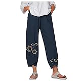 Leinenhose Damen Sommer Boho Haremshose 7/8 Sommerhose Große Größen Gänseblümchen Drucken Bequemer Schnitt Gummibund High Waist Yogahose Hose mit Weitem B
