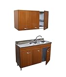 Arredobagno e Cucine Küchenschrank Teak 3 Türen mit Spülbecken aus Edelstahl rechts 120 cm, Abtropfgestell und Hängeschrank