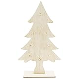 LED-Tanne aus Holz | 27 cm x 16 cm x 0,5 cm | Mit Fuß | 8 LEDs in Warmweiß leuchtend | Batteriebetrieb